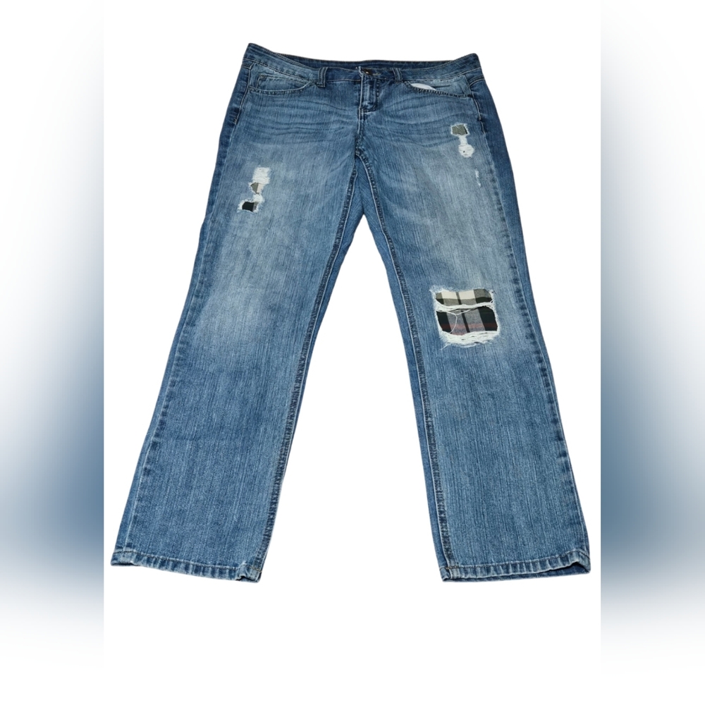 Plaid Patch Distressed Bootcut Jeans - image 1